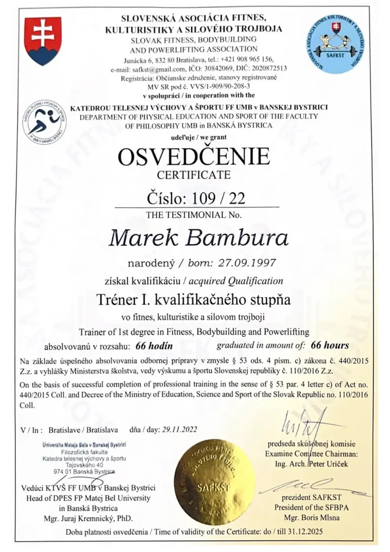 Certifikát Marek Bambura, Slovesnká asociácia fitness
